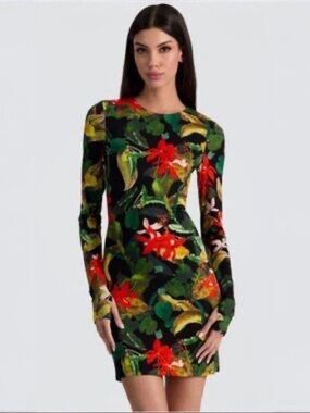 Alice + Olivia Women's Black Delora Tropical Print Long Sleeve Minidress